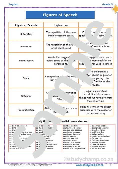 Grade 5 English Worksheet Figures Of Speech