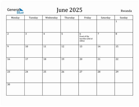 June 2025 - Rwanda Monthly Calendar with Holidays