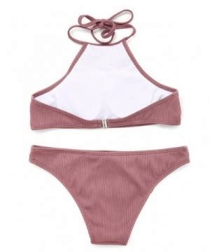 Rib Knit Halter Bikini Set High Neck Swimsuit For Women Darkpink CC189X4D694