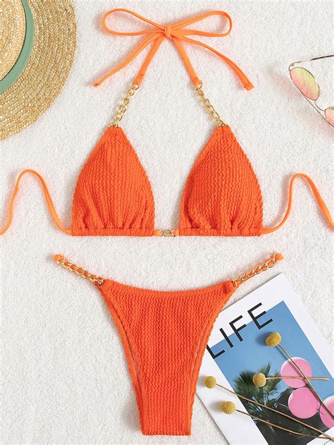 Textured Bikini Set Chain Linked Halter Micro Triangle Bra Thong Bottom Piece Bathing Suit