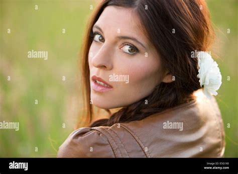 Woman With Long Brunette Hair Stock Photo Alamy
