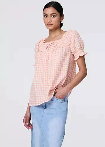 Izabel London Light Pink Gingham Check Puff Sleeve Blouse Freemans