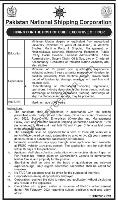 Pakistan National Shipping Corp Pnsc Jobs Chief Executive Officer