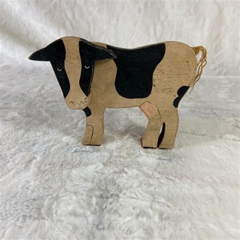 Folk Art Accents Wood Handmade Country Folk Art Cow Shelf Sitter