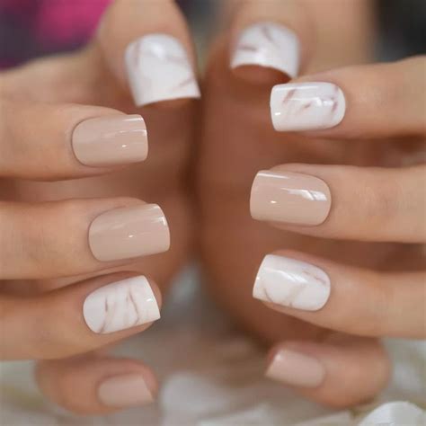 Nude Cream Marble Short Press On Nails Kit Glue On White Khaki Fake Nails Artificial Nails