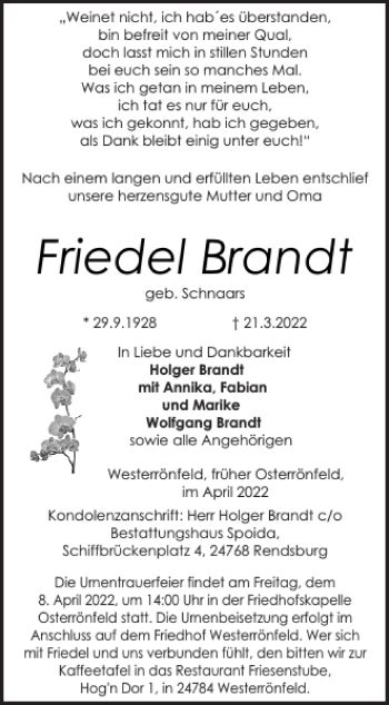 Traueranzeigen Von Friedel Brandt Sh Z Trauer