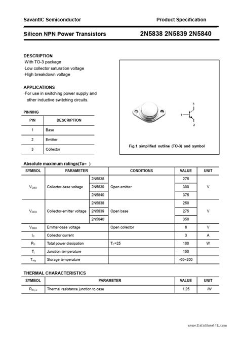 2N5838 SavantIC Transistors Hoja de datos Ficha técnica Distribuidor