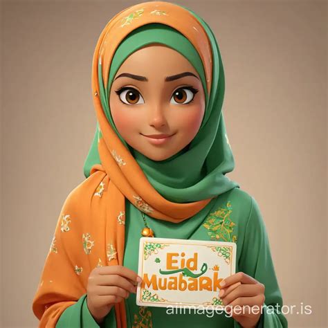 Teenage Girl In Hijab Holding Eid Mubarak Card With Vibrant Orange And