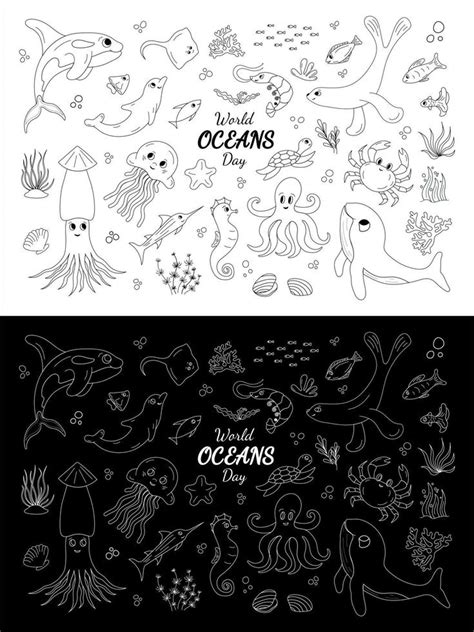 Sea animal black and white line. Vector illustration Ocean undersea ...