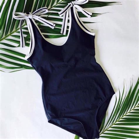 Bikini mảnh màu xanh đen viền trắng NƠ VAI TO dễ thương có sẵn mút ngực Shopee Việt Nam