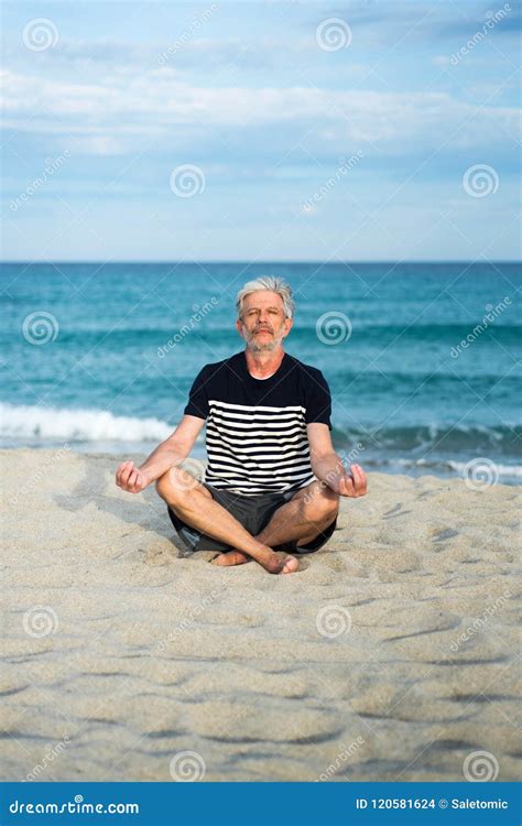 Senior Man Meditating On The Beach Stock Photo Image Of Beauty