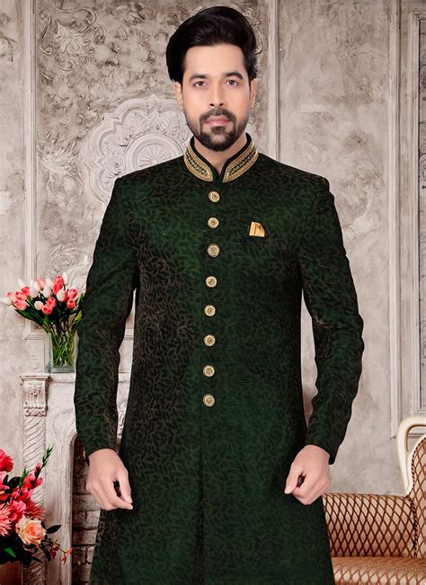 Shop Bottle Green Velvet Embroidery Classic Sherwani Wedding Wear