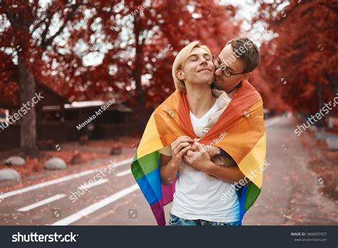 Romantic Gay Couple Hugging Kissing Holding Stock Photo