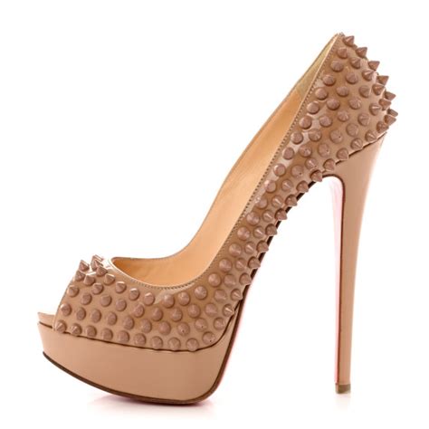 CHRISTIAN LOUBOUTIN Patent Lady Peep Spikes 150 Pumps 37 Nude 1158132 FASHIONPHILE