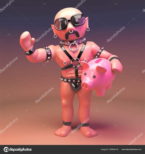 Cartoon D Gay Leather Fetish Man Holding A Pink Piggy Bank Lgbt D Illustration Stock Photo