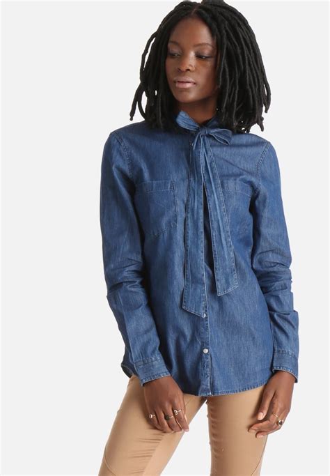 Lilly Denim Pussy Bow Top Dark Blue Vero Moda Blouses Superbalist