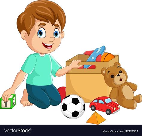 Cartoon Little Boy Playing With Many Toys Vector Image On Vectorstock