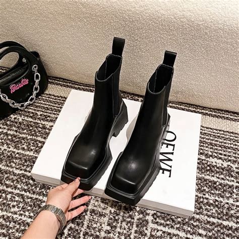 Genuine Leather Women Nude Boots New Chunky Heel Chelsea Boots Square Toe High Heeled Short