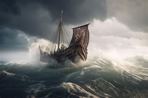 Viking Ship Rowing Through Stormy Waters With Waves Crashing Against