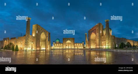 Panoramic View Of Registan Square Samarkand Uzbekistan With Three