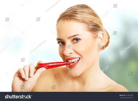 Happy Blonde Nude Woman Eating Chilli Stock Photo 357601382 Shutterstock