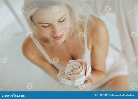 Portrait Blonde Woman Posing In White Lingerie Stock Image Image Of Adult Blonde 110071937