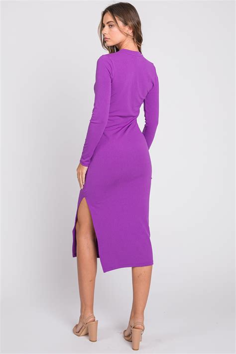 Purple Ribbed Mock Neck Long Sleeve Midi Dress Pinkblush