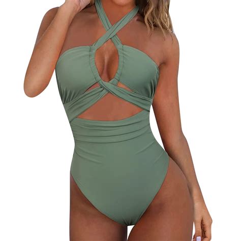 Gotyou Women S One Piece Swimsuit Solid Color Neck Gathering Bikini Bathingsuit Halter Tummy