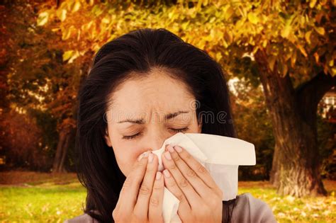 Composite Image Of Sick Brunette Blowing Her Nose Stock Image Image