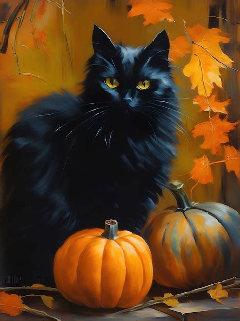 Premium AI Image | Black cat and pumpkins Impressionism style oil ...