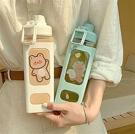 Jqwsve Kawaii Bear Water Bottle With Straw And Sticker Oz Portable