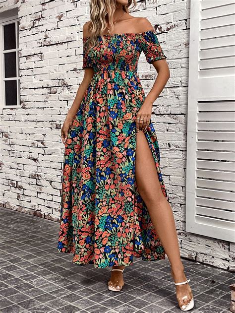 Shein Vcay Allover Floral Print Off Shoulder Split Thigh Dress Shein Usa