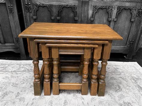 Vintage Old Charm Wood Bros Solid Oak Wooden Light Oak Nest Of 3