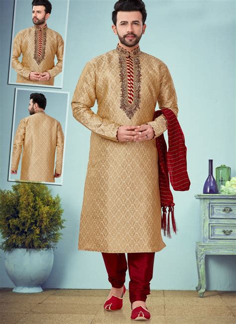 Buy Beige Jacquard Festival Wear Fancy Kurta Pajama Online From