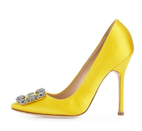 Manolo Blahnik Hangisi Satin Crystal Toe Pump Yellow Shoes Post