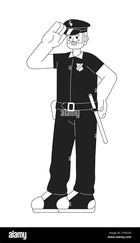 Male Police Officer Smiling Black And White Cartoon Flat Illustration