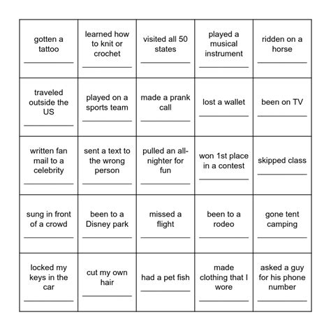 Never Have I Ever Bingo Card