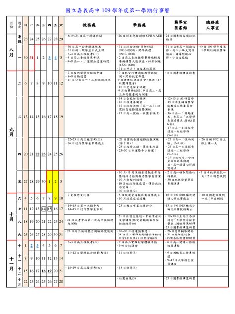 國立嘉義高中109學年第1學期行事曆 正式 Pdf