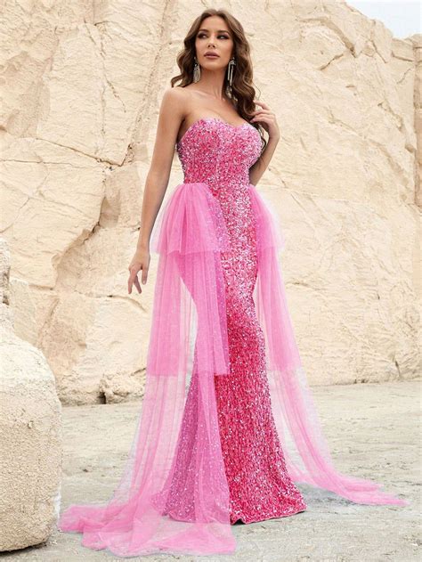 Tube Sequin Mermaid Dresses Mesh Layer On Waist Pink Mermaid Dress