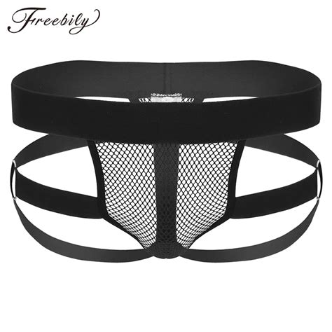 Black Mens Lingerie Low Rise Open Back Cut Out Mesh Bulge Pouch See