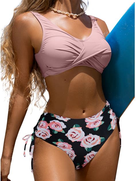 BIKINX 2 Piece Womens Modest Swimsuits High Waisted FLoral Bandeau Bikini Sets For Women Bathing