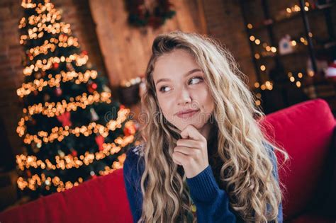 Photo Of Lovely Blonde Teenager Woman Look Empty Space Minded Dressed Christmas Outfit Day Light