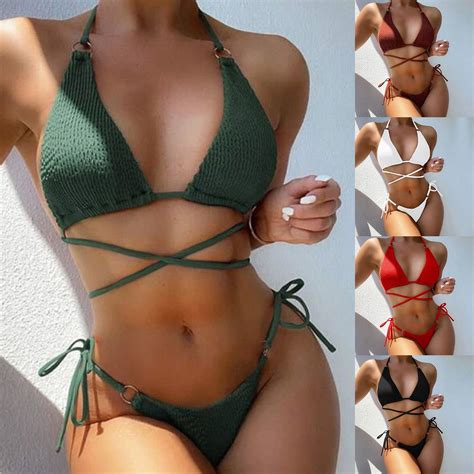 Pink Season Pcs Set Women Bikini Set Solid Color Halter Neck Multi Straps Three Point Padded