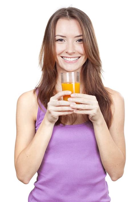 Beautiful Brunette Woman Holding Glass Of Juice Stock Image Image Of Natural Cheerful