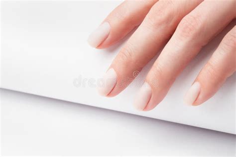 Matt Nude Nails Close Up On The Trendy Light Background Woman Manicure Stock Photo Image Of