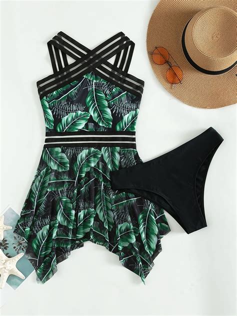 Bañador bikini al azar con estampado tropical de malla en contraste Moda de Mujer SHEIN México