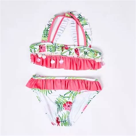 Malla Bikini Estampado Flores Con Volados Nena Niña Premium
