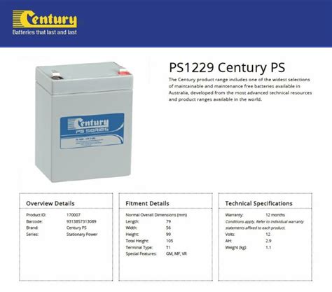 Century PS1229 12V 2.9Ah PS Series Battery | Batteries Direct