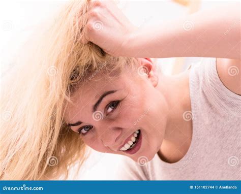 Woman Playing With Blonde Hair Stock Photo Image Of Face Female