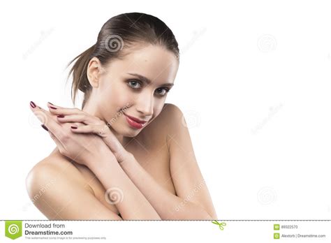 Beauty Female Portrait With Naked Shoulders Isolated On White Stock Photo Image Of Palm Face